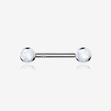 A Pair of 14 Karat White Gold OneFit Threadless Round Fire Opal Bezel Set Nipple Barbell-White Opal